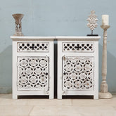 Indian Hand Carved Solid Wooden Bedside Table (Set Of 2) White